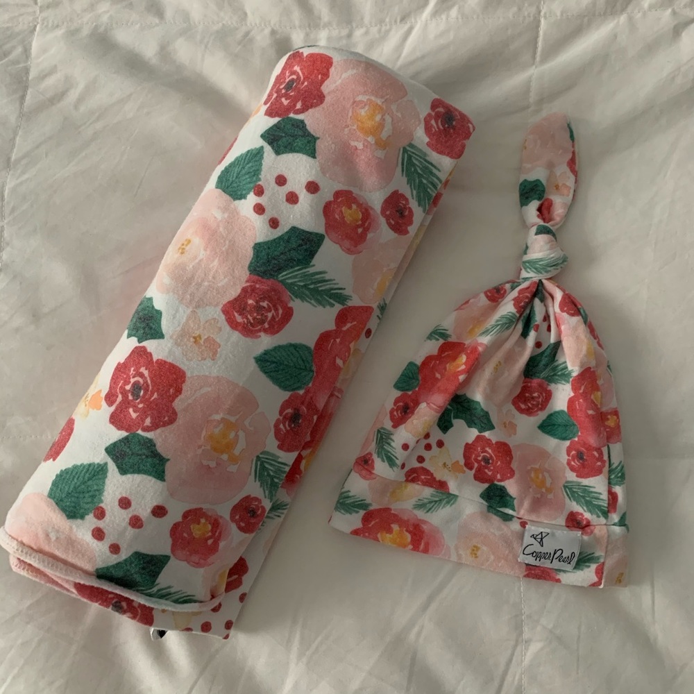 Copper pearl holiday swaddle and hat set